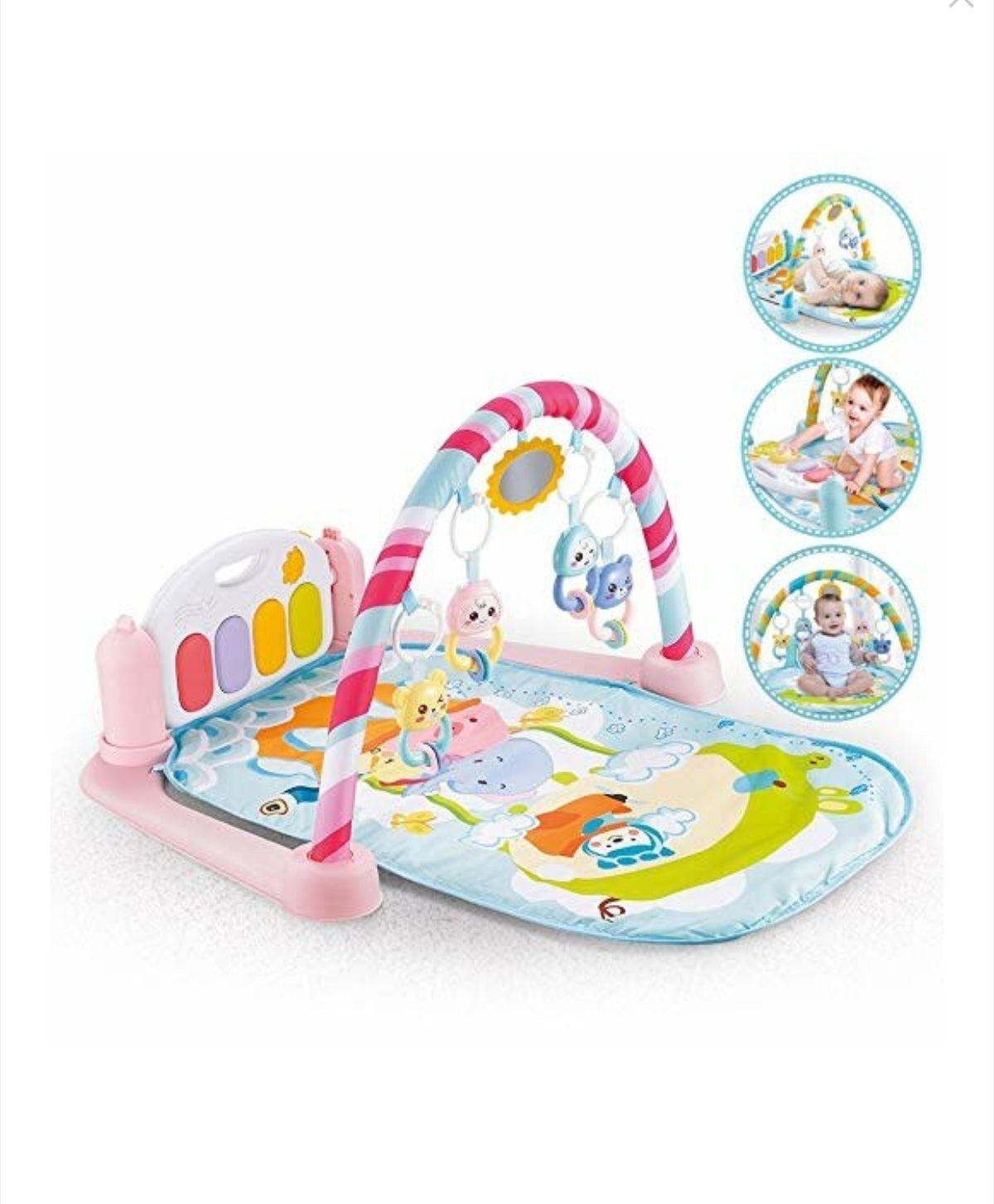 Centru de Activitati si Joaca, Saltea Interactiva pentru Copii / Bebe cu Sunete, Multifunctional, Pian si Oglinda Detasabile, Jucarii Zornaitoare, 4 Moduri de Joaca Interactive si Educative