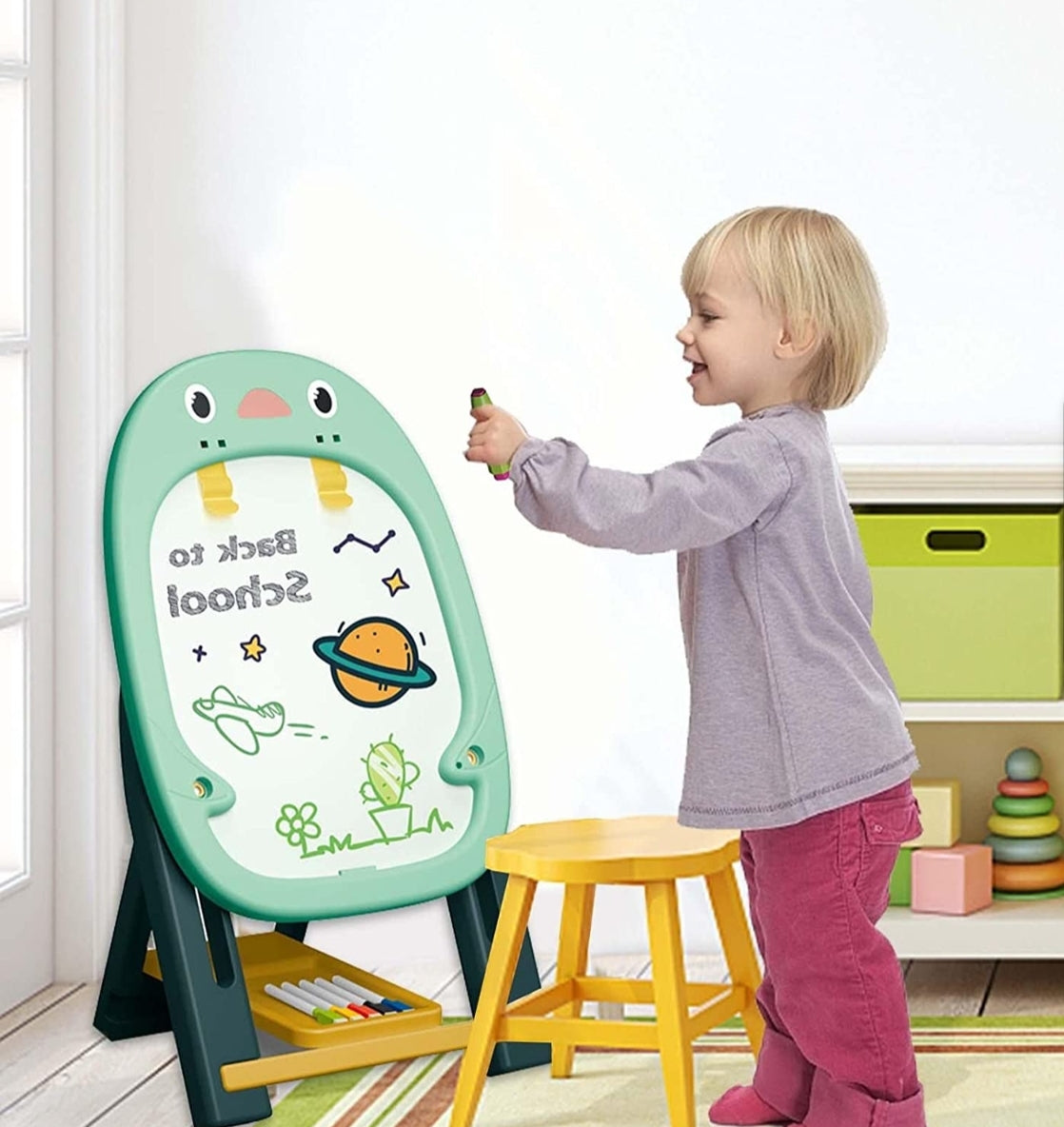 Set Sevalet Magnetic cu 2 fete, „LikeSmart Artist Drawing Board”, 46 piese, Spirograf, Creta, Markere, Verde